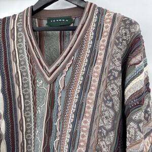 Tundra Canada Coogi Style 3D Knit Sweater‎ 90s Vintage Large Gray Blue Excellent